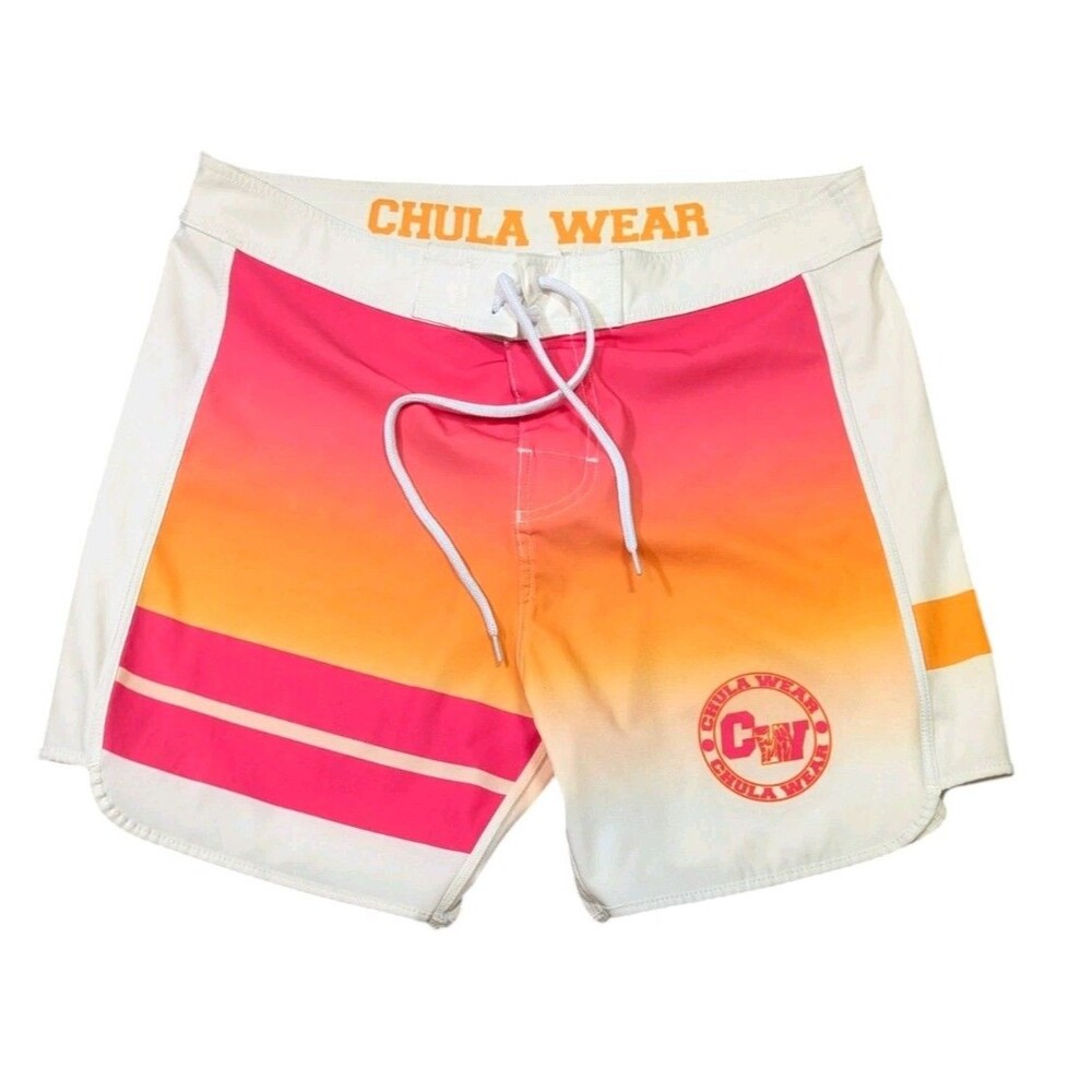 Chula Wear Shorts Mens 34 White, Pink Physique Competition Logo Stripe Beach